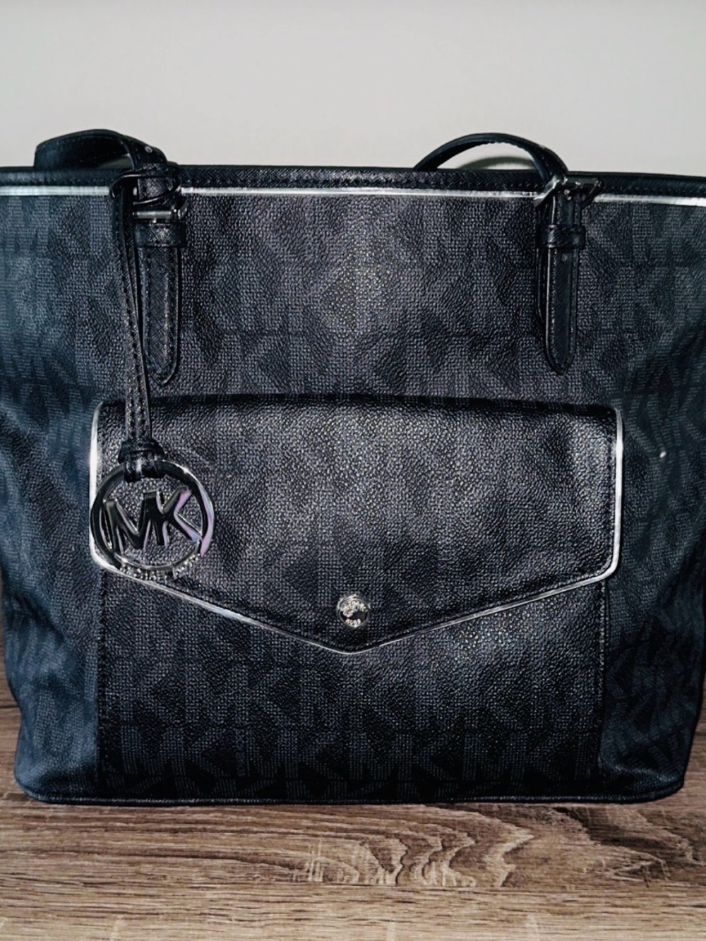 Michael Kors Black MK Signature Tote with Front Flap Pocket